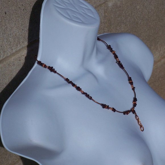 Handmade Necklace with Red Garnets and Bronze Coated Brass Tube Beads  21.5 IN - Picture 4 of 10